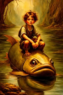 Masterpiece, ((Ottfried Preußler, the little water sprite)) the young little water sprite (boy) is sitting on the back of a big huge carp (fish) and glides with him under the water complete figure, flawless, full body shot, by Baptiste Monge, by Daniel Merriam, by Brian Froud, by Beatrix Potter, by Nicoletta Ceccoli, by Kinuko Y. Craft, by David Laurence, by Arcimboldo