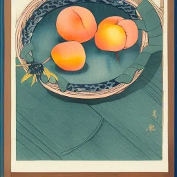 Ukiyo-e style illustration of three watercolor peaches stilllife