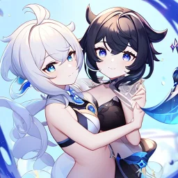 Genshin woman, Clear Focus High resolution, Calm Background, Light skinned woman, Black long beatiful hair, Dark blue sparkling eyes, Very Beatiful Face, Splash art, Cute Scene, Wearing a bikini