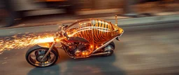 sparks flying, seen from above, tattoo style, motion blur, airbrush art, elon musk riding inside an awesome tiger trike spaceship in copper, fast one in the shape of a transparent snail , now its gonna do an awesome gig , bokeh like f/0.8, tilt-shift lens 8k, high detail, smooth render, down-light, unreal engine, prize winning