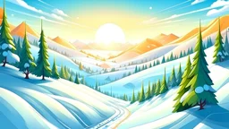 Fantasy cartoon style: view down the ski slope from the top of the hill, snow is sparkling like diamonds, sun is shining, pine trees are beatiful