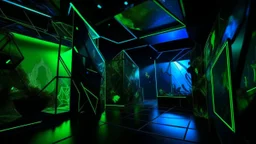 A dark room with bright green and blue geometric shapes and structures, creating an abstract and futuristic atmosphere where some strange creatures live.