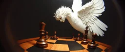 fish eye lense, pin hole cam, master oil painting by Rembrandt, realistic rendering one eyed chess blinding white angel a sense of depth