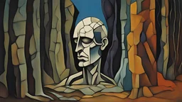 Skin bones stone face, dystopian environment, a forest can be seen through a hole in the side of the head, cracks and peeling in the face, a brain from another time, a portal to the distant future. Deep contrasting colors. Surrealism and abstraction by Pablo Picasso