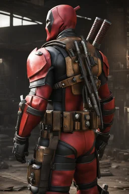 Deadpool in Fallout-style power armor, photorealistic