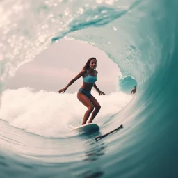 Surf culture. inside a shape of a wave, a female surfing from a distance, negative space, double exposure effect