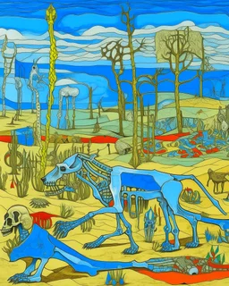 A greenish blue wasteland with animal bones designed in Indian Gond art painted by Piet Mondrian