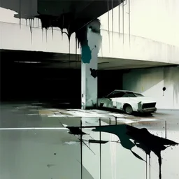 Empty Minimal contemporary abstract flat landscape painting. Concrete carpark. Big brushstrokes. Twisted fragments of bodies. Drips of paint. style of Justin Mortimer and Adrian Ghenie.