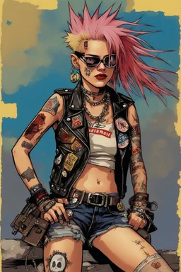 Tank Girl wore a patchwork of punk-rock attire, each piece a symbol of her fierce individuality. A tattered leather jacket, adorned with an eclectic assortment of pins and patches, clung to her lithe frame. Fishnet stockings ran beneath the cutoff shorts that defied the scorching heat. Her combat boots were worn and scuffed, bearing witness to countless adventures across the wastelands. In her grip, she held a weapon that was both her ally and her declaration of defiance—a hefty, modified firear