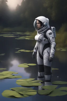 [scifi] A woman in spacesuit around a pond