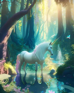An enchanted forest glade bathed in soft, dappled sunlight, with a graceful unicorn standing at the edge of a crystal-clear pool. The scene is filled with lush vegetation, delicate flowers, and gentle woodland creatures, creating a sense of serenity and wonder. 8K resolution, vivid colors, and intricate details make the image truly magical.