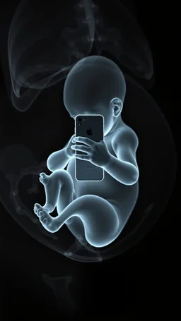 An X ray picture of a unborn baby inside his mother’s belly, holding and staring in an iPhone