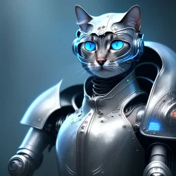 a cat-like robot with blue eyes and cyber elements wearing a medieval armor, high detail, photo, 8k, ray-tracing