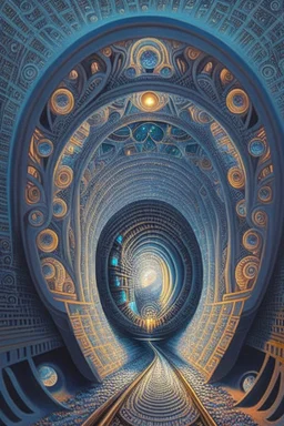 Then it comes to be that the soothing light at the end of your tunnel Was just a freight train coming your way; Optical Art, award-winning, Precisionism, insanely detailed, Fantastical, Intricate, Hyperdetailed, Holographic, Magnificent, Meticulous, Mysterious