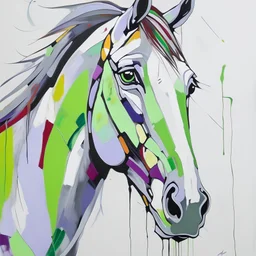 A colorful, abstract and minimal painting of a horse with exaggerated features. The horse has large eyes, a patchwork of lime green , purple and tan fur, with black outline details giving a scribbled effect. the image is in the middle of a white canvas. The background should be clean and mostly white, with subtle geometric shapes and thin, straight lines that intersect with dotted nodes. The style is expressive and textured, reminiscent of outsider art.