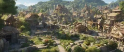 A busy market in a beautiful surreal sunny countryside scene with distant hills, many conjoining intricate characterful dwellings & a clock-house (designed by Esher & Dali), pathways & walkways & stairways & bridges & waterfalls & a waterwheel : ultra high detail, photorealistic, epic cinematic, 8K, Large depth of field