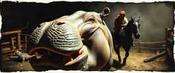 airbrush and pen outline, close up on hippo horse monkey farm , pinhole cam, airbrush 3d rendering, in the style of Titian and Rembrandt , torn edges on border