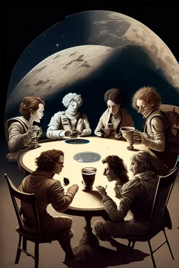 Captain Janeway, Einstein, Leonardo Davinci, Plato, and Amelia Earhart playing cards while drinking coffee sitting on the surface of the moon with Earth in the background