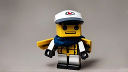 a lego hornet with a baseball cap worn backwards and a neckerchief