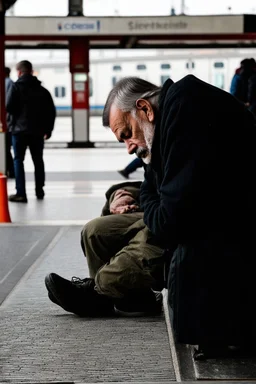 obdachloser alter mann am hauptbahnhof in linz schlafend