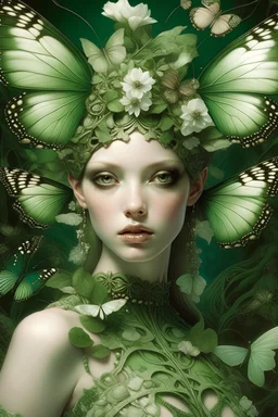 beautifulyoung woman adorned with butterflies and lily flowers with white, green crystals and little moss on them, headdress wearing butterfly embossed palimpsest art nouveau style floral embossed and ribbed dress organic bio spinal ribbed detail of art nouveau background extremely detailed hiperrealistic maximalist portrait art