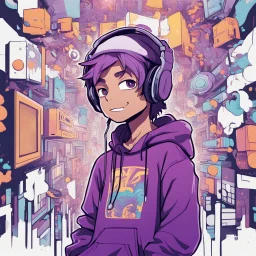 masterpiece, intricate details, a wide angle 2D anime bold line flat color illustration of a cheerful boy in a high purple hoodie and headphones in hip hop style, dopamine style, overlaying mixed patterns of pop art text and emoji device installations, sharp focus, charming character illustration, beautiful vibrant kuler palette gradient