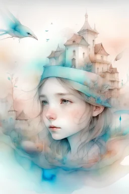 The place where the Dream and its followers live. Watercolor, fine drawing, beautiful children portret, pixel graphics, lots of details, pastel aqua colors, delicate sensuality, realistic, high quality, work of art, hyperdetalization, professional, filigree, hazy haze, hyperrealism, professional, transparent, delicate pastel tones, back lighting, contrast, fantastic, nature+space, Milky Way, fabulous, unreal, translucent, glowing