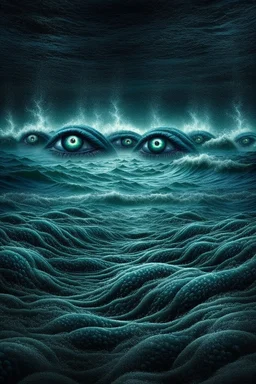 Fantasy art: evil water wave of evil eyes is running toward us