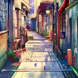 a beautiful digital anime style painting of osaka alleyway, relaxing summer day, masterpiece, sharp focus, intricate details, visually stunning, wide angel camera, octane render, volumetric lighting, vdb clouds, realistic shadows, uhd, 8k, art by hayao miyazaki