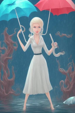 In the music video, a 23-year-old woman with blonde hair and bright blue eyes stands in the sea, se has a bun.. She holds an umbrella, but it offers no protection from the pouring rain. The rain pours through the umbrella, it is leaking and makes staines. The rain under the umbrella is heavy paint petrol blue, the rain transforms through the umbrella. She is painted blue because of the blue rain drops. The rain is pouring heavily. She is standing in the middle of the sea.