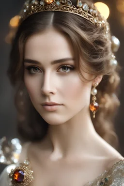 Half body photography cinematic realistic soft blur ,natural beauty,natural colors, of young woman, smiling, beautiful, shiny grey eyes, make up, Victorian Byzantine style, shiny baubles, ornate, large gemstones, shiny molten metalics, shiny wire filigree, brown hair, high definition,photography art