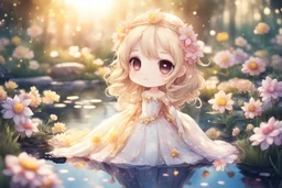 cute chibi anime princess in a flowergarden with beautiful flowers, pond, in sunshine, anime, watercolor and black in outlines, golden glitter, ethereal, cinematic postprocessing, bokeh, dof