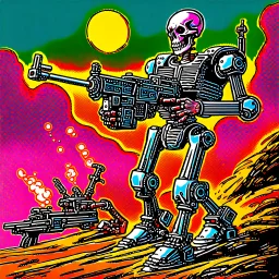 90's TCG art retro fantasy art of skeleton robot firing machine gun