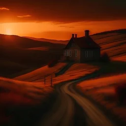 leaving home, photo quality, dark orange sunset colors, a lonely house on a hill, a road going down