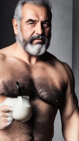 portrait photography of a burly italian man 58 years old into a bath full of milk, unshaved, manly chest, muscular beefy, angry eyes, top view, photorealism, 35mm lens