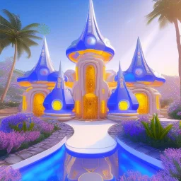 landscape of aztecan temple ambient beutiful villa white gold and neon lights bright and blue bright gloss effect of a futuristic house,like spaceship, natural round shapes concept, large transparent view of the open outdoor garden,sea beach at sunset, gold crystals,with light blue, flowers of Lotus, beutiful pools, light of sun , palmiers,cerisiers en fleurs, wisteria, sun , stars, small waterfalls