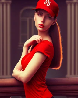 woman with a red baseball hat. leaning on a wooden balcony. night time. fantasy. studio lightining.