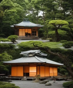 Japanese tea house under a glass dome on an asteroid in space