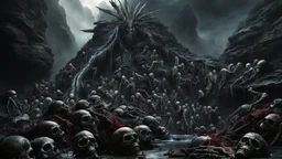 a pile of rotting zombies at the foot of a 3.000 feet high waterfall. fantasy setting, horror. h. r. giger. exquisite realism, a masterpiece, fantasy concept art, dynamic lighting, hyperdetailed, intricately detailed, deep color, Unreal Engine, volumetric lighting, Epic cinematic brilliant stunning intricate meticulously detailed dramatic atmospheric maximalist digital matte painting