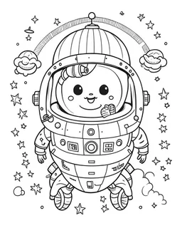 Cute Astronaut Riding A Rocketship, Black and White coloring pages for kid, Planets and Space elements in the background, on white background, the milky way galaxy, flat vector, simple line drawing, thick lines, very low detail, whiite background --q 2 --s 750