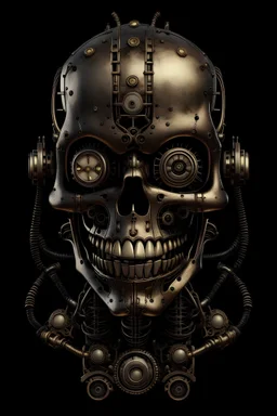Creepy steampunk robot, smiling, skull like face, dark background,