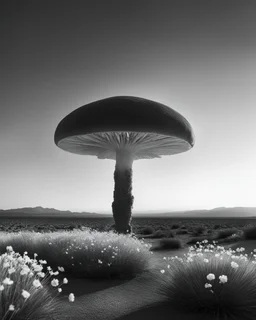 ULTRA REALISTIC, B&W Photograph, A mushroom cloud made of WHITE FLOWERS, in the distance in the desert, at Golden Hour, cinematic, cinematic shot, dynamic composition, details, intricate detail, professional lighting, film lighting, 35mm, anamorphic, lightroom, cinematography, bokeh, lens flare, film grain, hdr10, 8k, Roger Deakins, incredibly detailed, reflect, sharpen