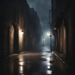 A dark alley, hidden shadows, a street light, puddle of rain,