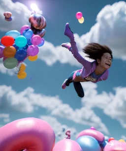 Ultra realistic speed clouds sky scene, wide angle view, sweet childs falling down, inflatable color clothing, free jumping flying, many trinkets, monster hair, hair monster, many jelly beans, balls, smile, happy, circus style, extreme, wind, clouds sea, 20,000 feet altitude, stratosphere, soft color, highly detailed, unreal engine 5, ray tracing, RTX, lumen lighting, ultra detail, volumetric lighting, 3d, finely drawn, high definition, high resolution.