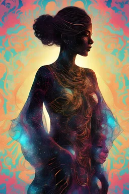 Ultra detailed illustration of the silhouette of a woman from Bali, phantasmagorical figure, (((translucent skin:1.5))), (((translucent body:1.5))), art by Mschiffer, neon lights, light particles, colorful, cmyk colors, backlit,