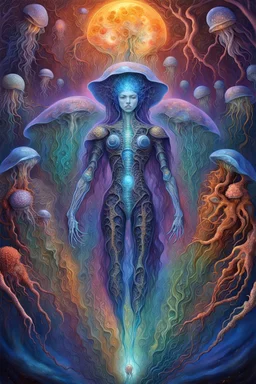 .bones. A jellyfish Cosmic robot .Fantasy, perfect anatomy, Coral trees, alien fruits ..fantasy, vibrant digital art professional award winning masterpiece, oil on canvas Atmospheric extremely detailed Josephine Wall