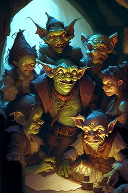 A duegon full of goblins staring at a dnd party