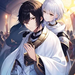 Girl with white hair wearing white robes. Boy with black hair wearing leather armor