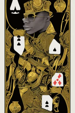 Dashing black man in a suit with gold trimmings. He's holding a deck of cards.