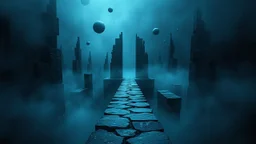 passage over nothingness, surreal, dark and cold abstract artwork dominated by deep blue, icy cyan, charcoal black and muted steel-grey tones. An narrow passageway emerges from an abstract distorted weird landscape, surrounded by thick fog and drifting mist. The space feels nightmare, alien and unsettling, with floating circles and balls geometric forms, fragmented architecture, perspective. At the center of the composition cracked stone way over abyss
